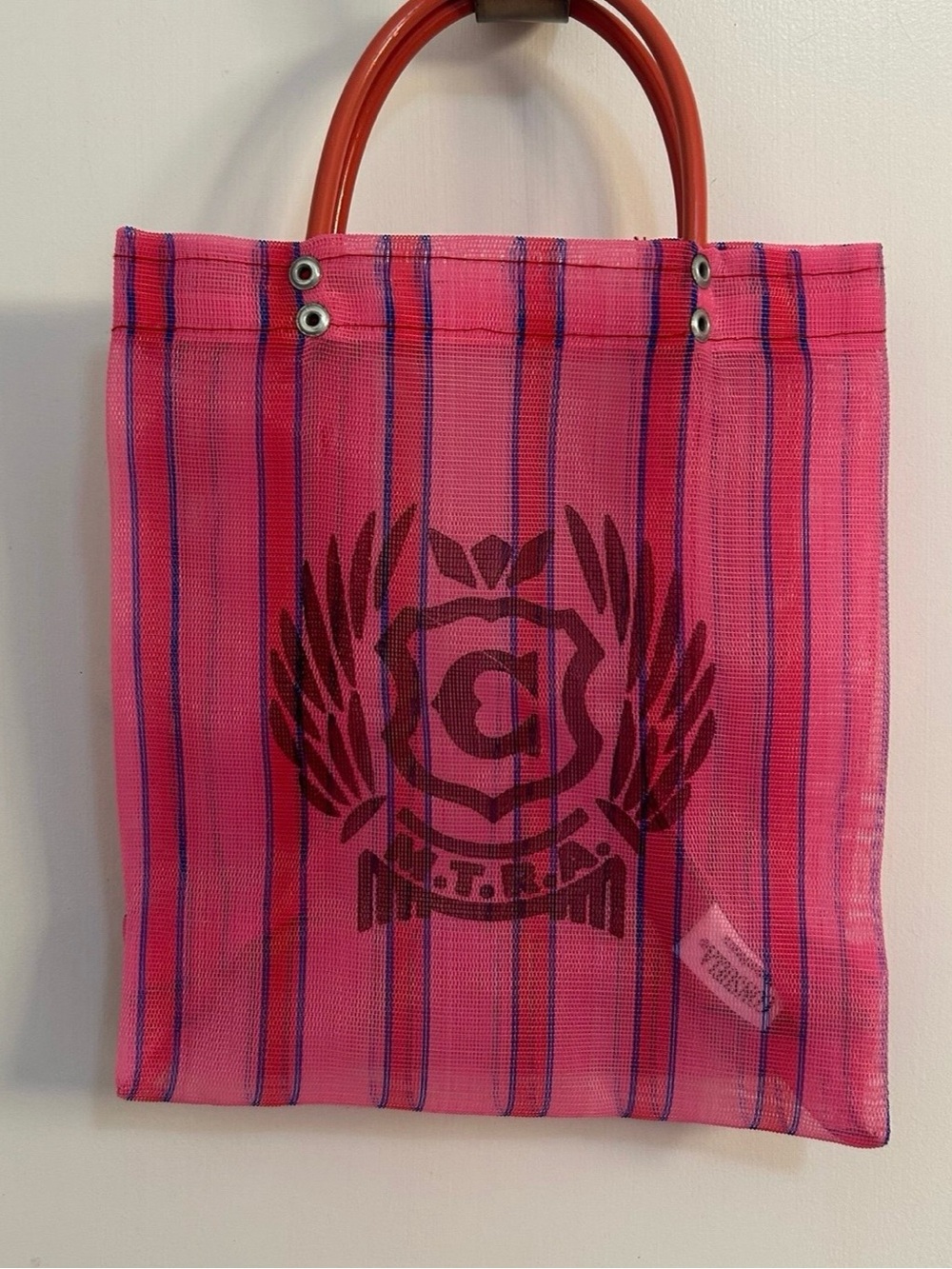 Consuela Pink Striped Mesh Tote with Crest logo/3pc Bundle, XL,Medium,Small